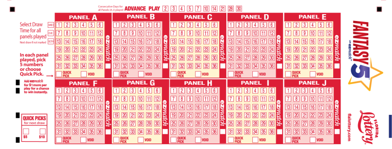 PLAYSLIP OF FANTASY 5 ON FLORIDA LOTTERY PLAYSLIP FOR FANTASY 5 OF FLORIDA LOTTERY