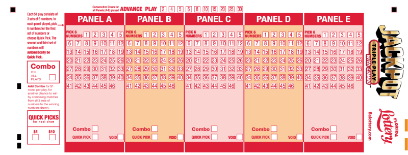 PLAYSLIP OF JACKPOT TRIPLE PLAY ON FLORIDA LOTTERY PLAYSLIP FOR JACKPOT TRIPLE PLAY OF FLORIDA LOTTERY
